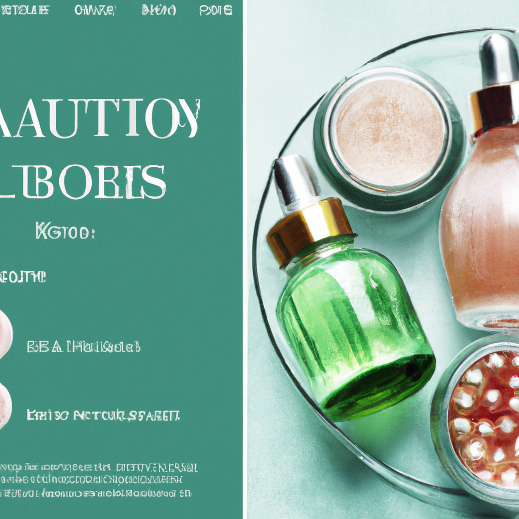 Flatlay: bottles with drops, leaves and marble slab